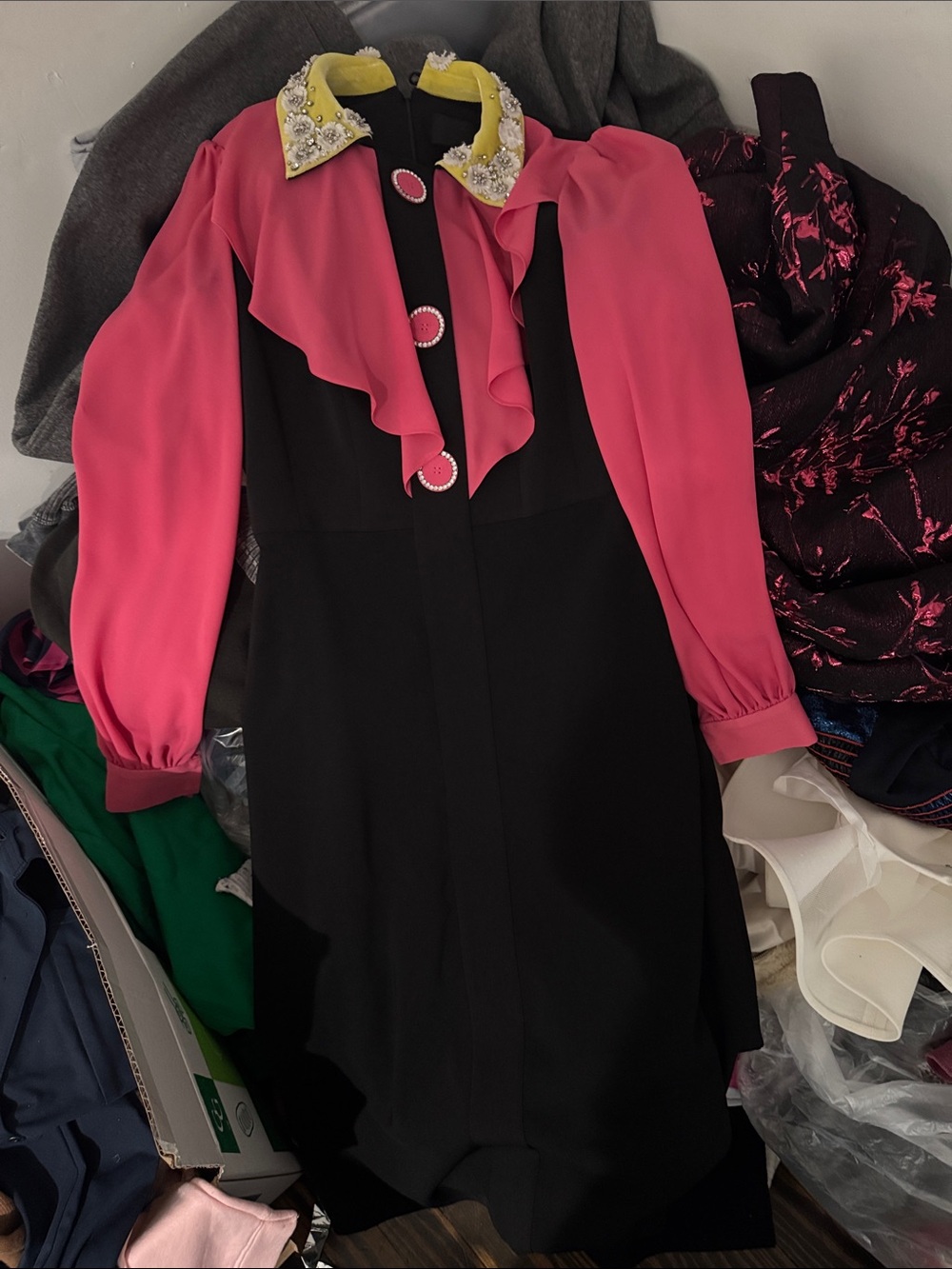 Stogova Black Dress with Pink Long Sleeves and Yellow Embellished Collar